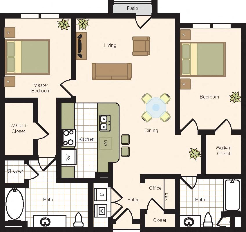 Floor plan for 2 beds, 2 baths, 1203 sqft